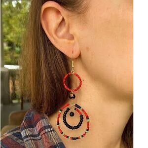 Red Art Glass Beaded Long Black Wood Drop Earrings Pierced  2.5 inch